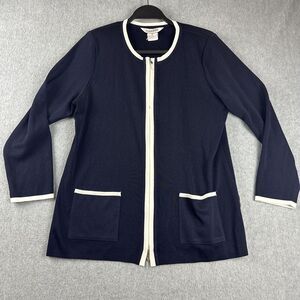 Exclusively Misook Sweater Womens‎ M Blue White Trim Full Zip Acrylic Pockets